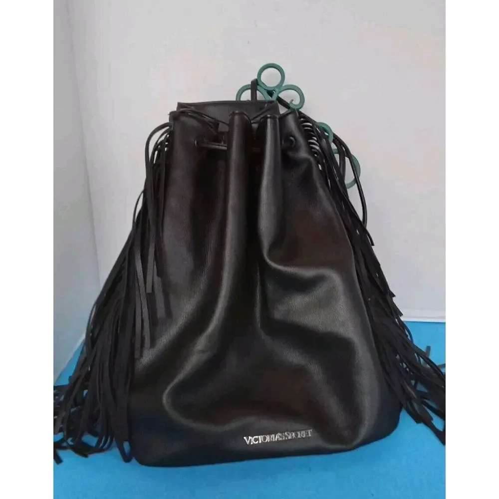 Victoria's Secret Black Faux‎ Leather Drawstring Bucket Bag with Fringe Detail